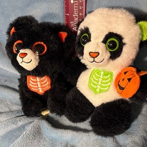Halloween Skeleton Plush Bear & Panda Set - Black, White, Orange, Green